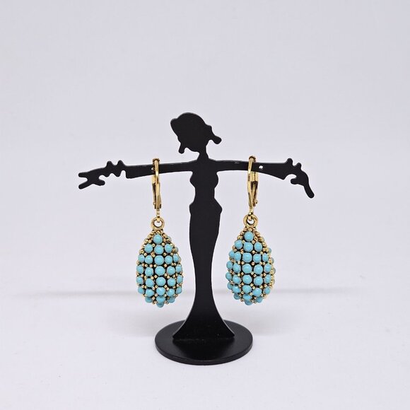 Joan Rivers Faux Turquoise Encrusted Egg Lever Back Pierced Earrings Teardrop - Picture 12 of 12